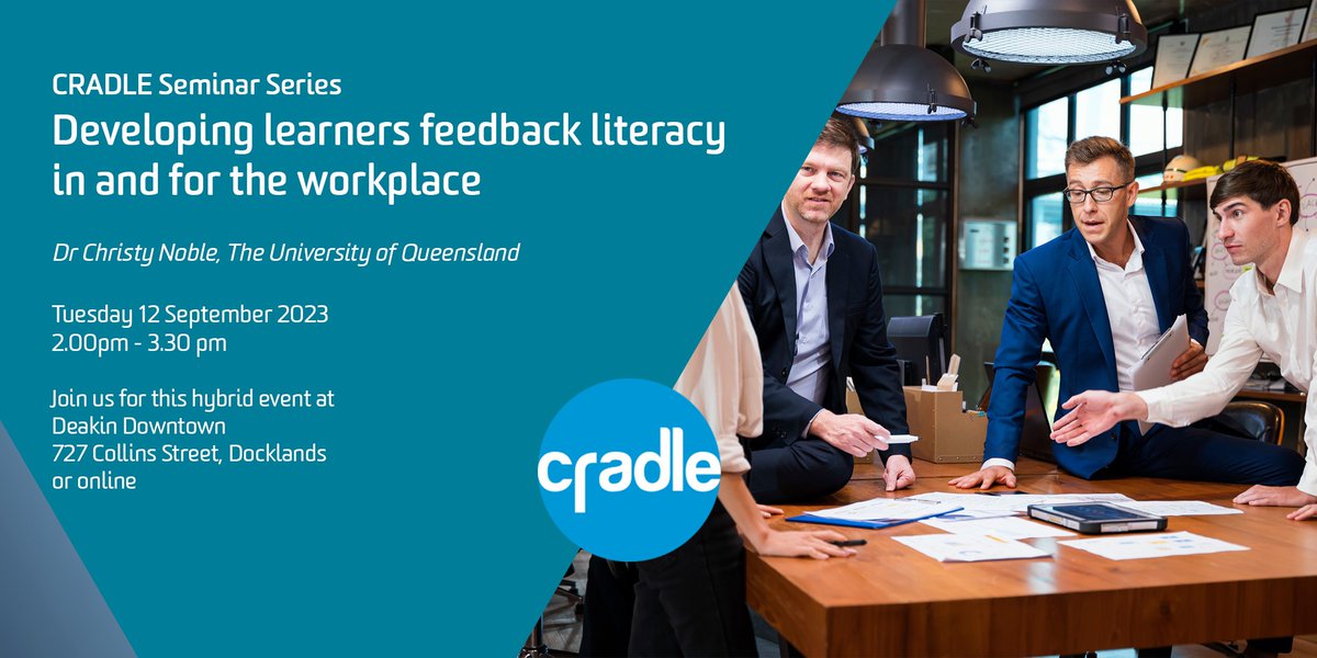 See how to help learners engage in feedback in the workplace. Join us as @chnoble explains her research into workplace feedback literacy for Seminar #9 on Tues 12 Sept at 2pm. blogs.deakin.edu.au/cradle/2023/08…