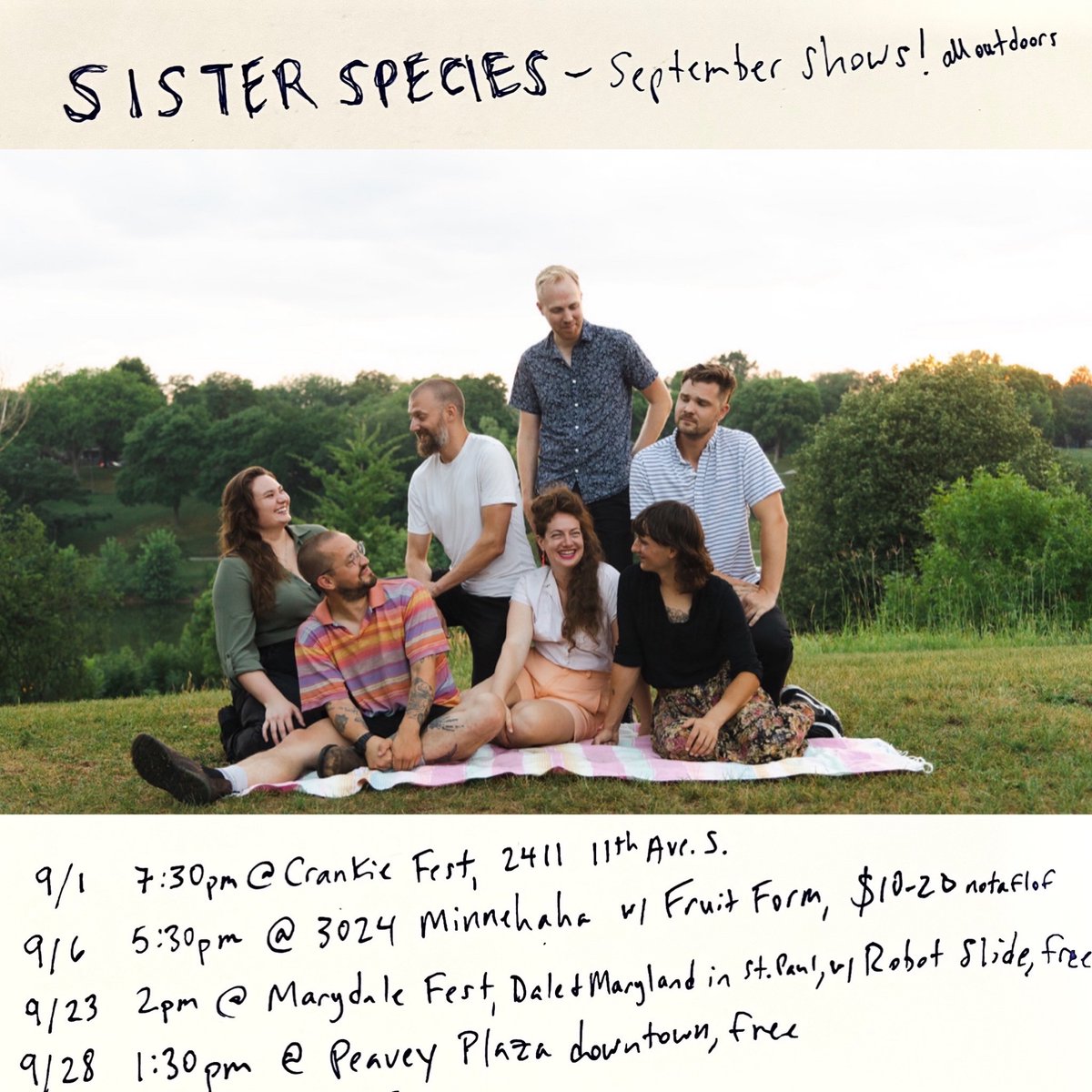 September shows! 4 of them, all outdoors. Come &amp; bring your babies/bbs/etc! pic by Isabel Fajardo :)