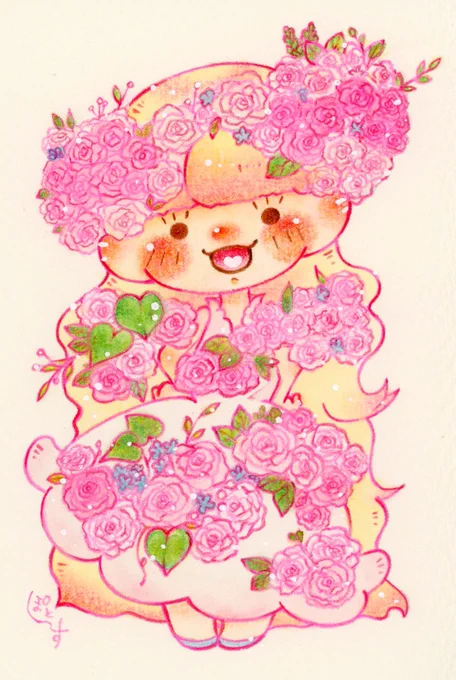 今日からIYN様で「花飾り展2023」が開催されております*.  私の原画は今回全て非売品なのですが、ポスカやバッジなどのグッズ販売はございます (※お花の妖精さんシリーズの原画は9月頃BOOTHにて通販予定です。)  【 展示風景 】 **  よろしくお願いいたします  #IYN