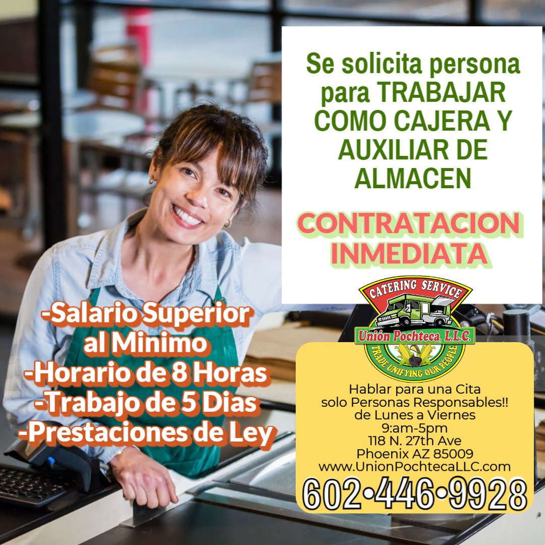 Estamos contratando -CAJERAS
*CONTRATACION INMEDIATA*
Hable con nosotros para más información
(602)446-9928☎️
hablar de Lunes a Viernes 9am-5pm
#UnionPochteca #werehiring