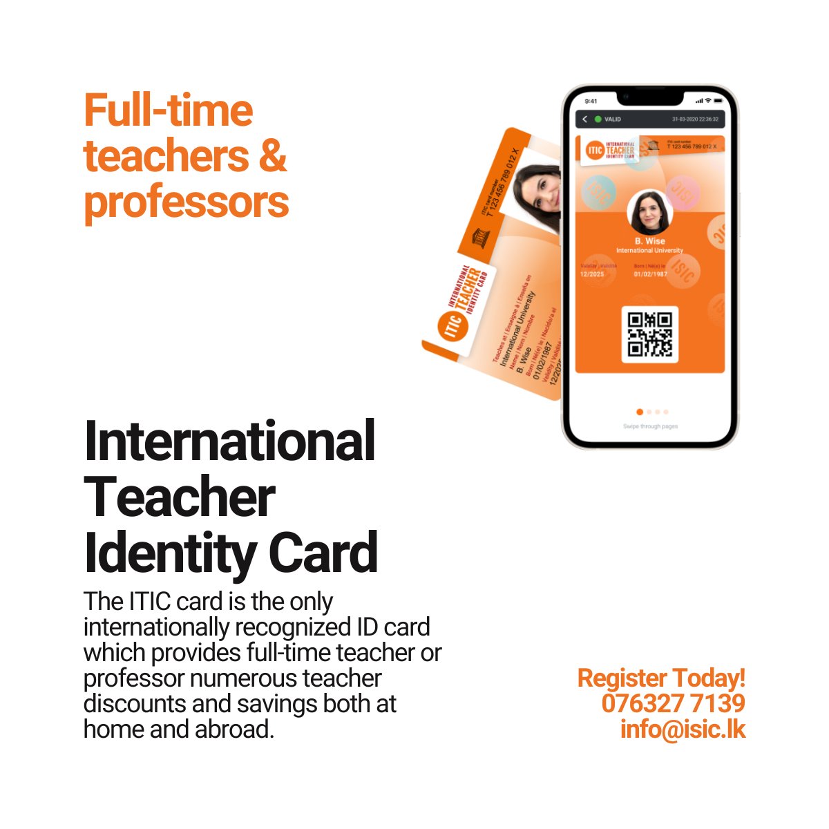 ISICSriLanka's tweet photo. Unlock exclusive educator perks with the ITIC card! Save big on everything from travel to local deals. Elevate your professional journey and broaden your horizons. 

Get started now: Call 0763277139 or email info@isic.lk. #ITICCard #EducatorPerks #GlobalExperiences https://t.co/MCfnP7tRui