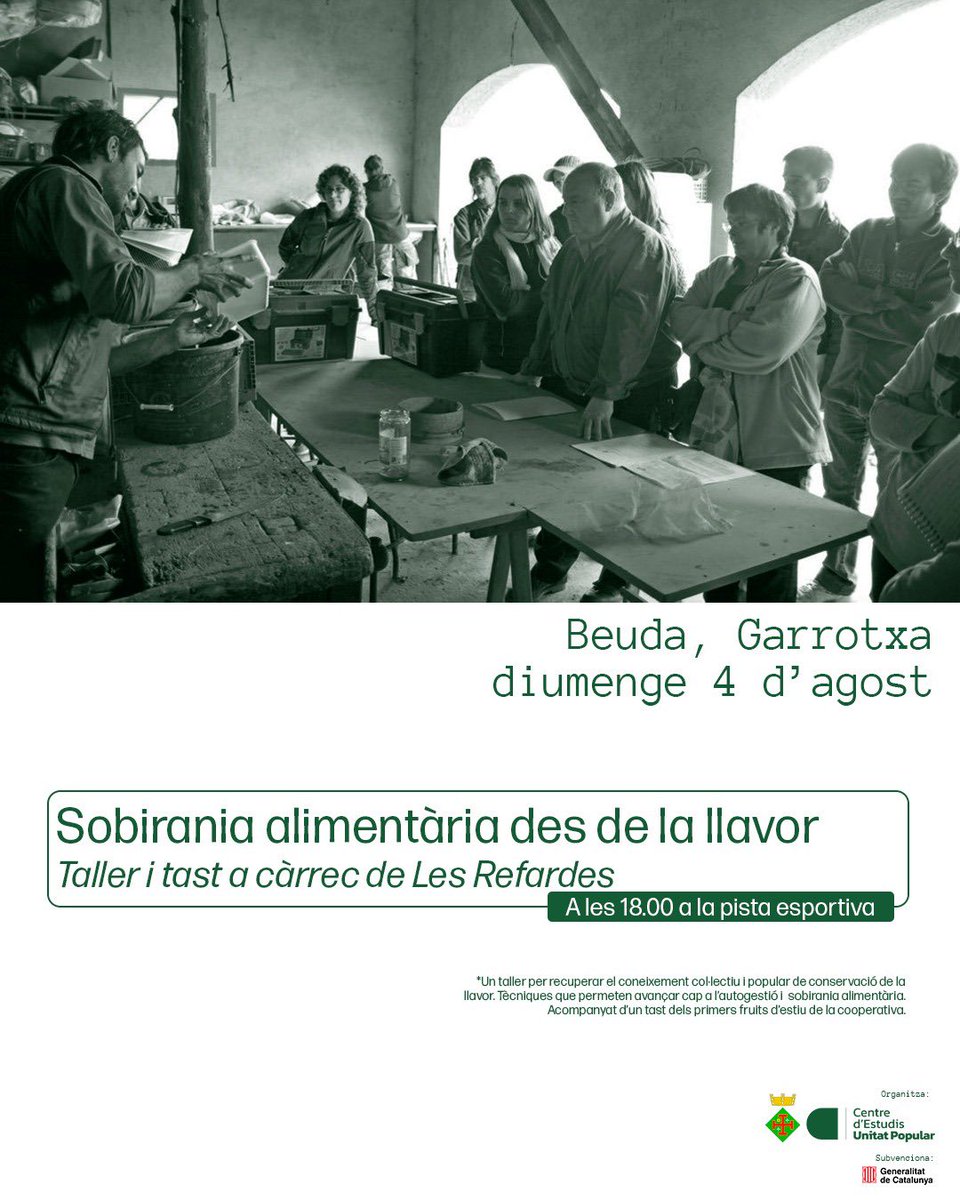 🌱✨ BEUDA

La sobirania alimentaria des de la llavor al fruit a Beuda (Garrotxa). 

Taller de conservació de la llavor i tast del primer fruit d’estiu. Les <a href="/lesrefardes/">Les Refardes</a> ens aproparan al coneixement col·lectiu i popular i a l’autogestió i sobirania alimentaria. 

Div 4 a les 18h!