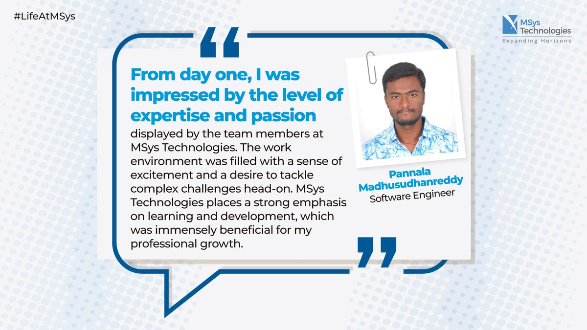 AziroTech's tweet photo. At MSys, we believe that our employees are the cornerstone of our success. We recognize the importance of nurturing an inclusive workplace environment that enables our employees to thrive personally and professionally.
#EmployeeTestimonial #LifeatMSys #WorkplaceHappiness https://t.co/VcBScpOKbp