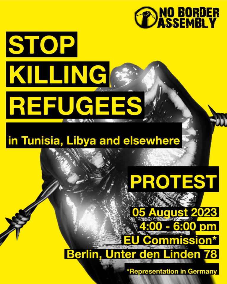 📢Berlin-based people take note! Tomorrow, the <a href="/NoBorder_Berlin/">No Border Assembly Berlin</a> is organising a rally to protest against the new 🇪🇺🇹🇳-deal and the organised death of Black people in Tunisia, Libya and elsewhere. Let's go!

📅Sat, 05/08/23, 4 pm
📍EU Commission in Berlin
💻noborderassembly.blackblogs.org/stop-killing-r…