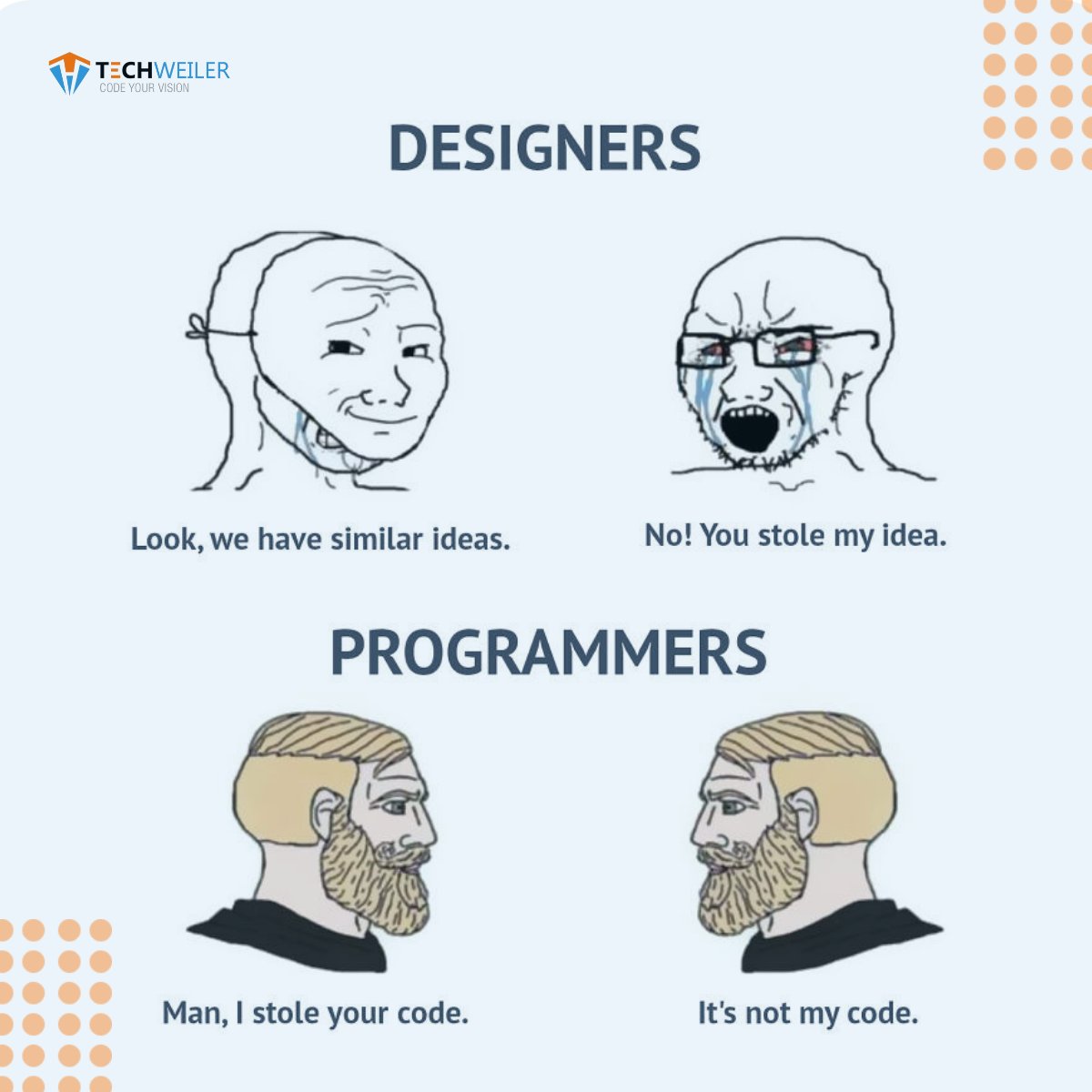 techweiler's tweet photo. Designers and programmers: A never-ending battle of originality.

#techweilersoftware #webdesign #interactivedesign #design #appdesign #conceptualdesign #webdevelopment #userinterfacedesign #creativedesign #softwaredevelopment #uidesign #graphicdesigner #programmers https://t.co/ajNjew4nGn