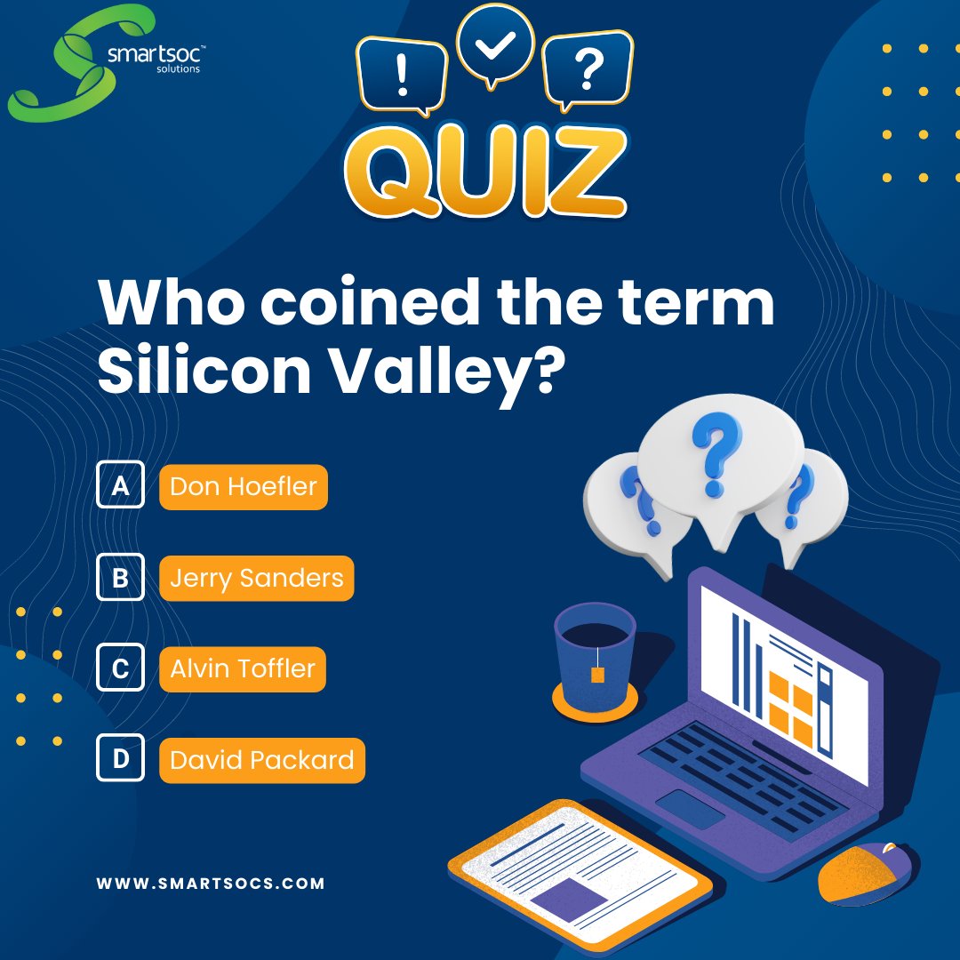 smartsocs's tweet photo. 🔌 Semiconductor Quiz Time! No Googling! 👀
🔎 Question: Who coined the term Silicon Valley? 🧐
🏆 Share your answer in the comments! 💡
#SmartSoC #SemiconductorQuiz #QuizTime #ICChips #TechKnowledge #TestYourKnowledge #SemiconductorIndustry #QuizMaster #FunFacts #NoGoogling https://t.co/IEmOI3Ypyl