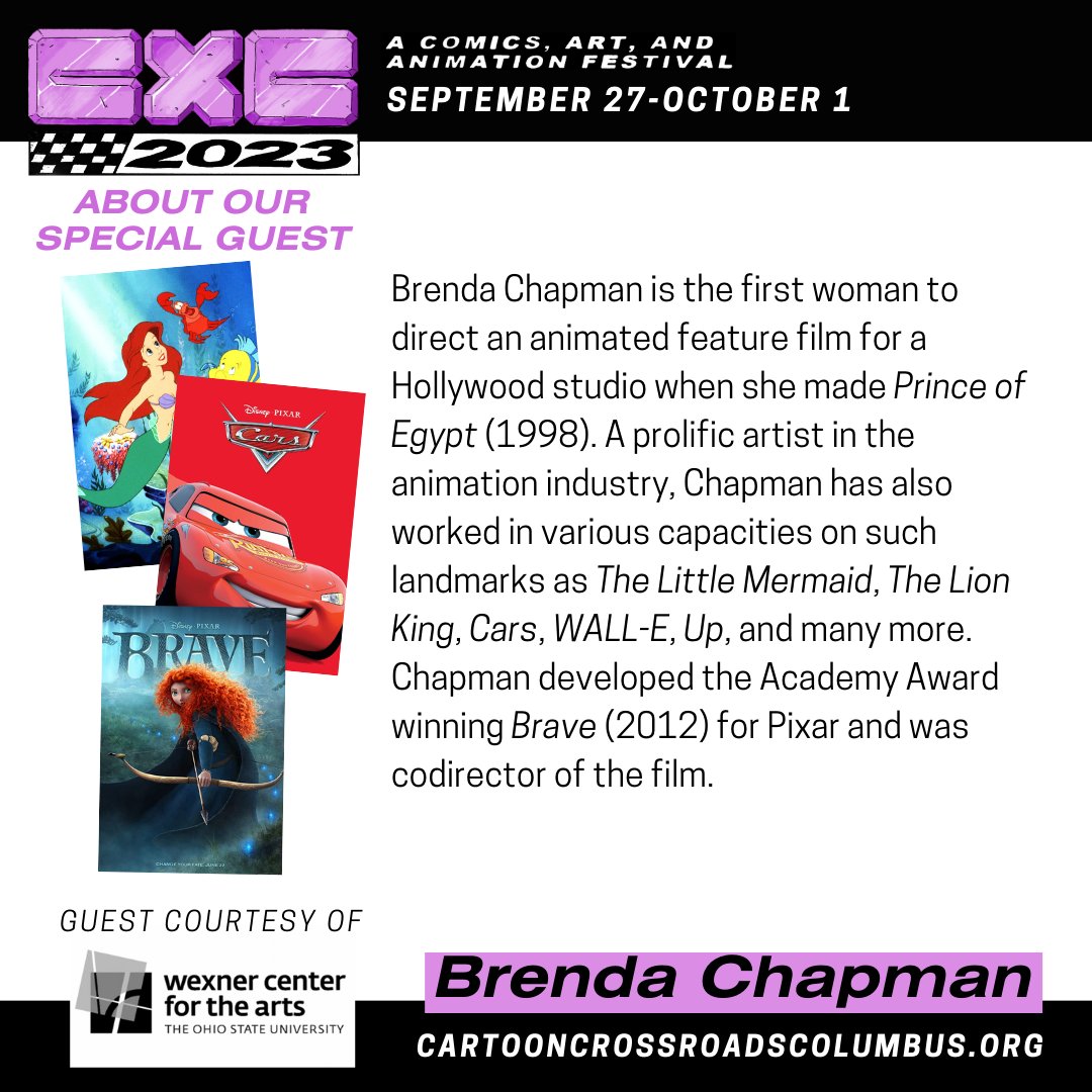 Animated Film Director Brenda Chapman is coming to CXC 2023!

Thursday, September 28 <a href="/WexArts/">Wexner Center for the Arts</a> 
Reception 6 pm; Prince of Egypt Screening 7 pm; Q&amp;A with Chapman after film

FREE tickets: wexarts.org/film-video/pri…

The Prince of Egypt 25th anniversary screening with Director Q&amp;A