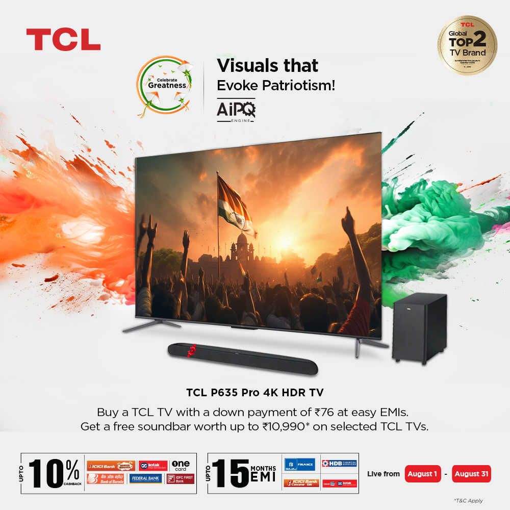 tcl_india's tweet photo. Fill yourself with a love for nation and see it's greatness come to life with the excellent visuals through AiPQ Engine of the TCL P635 Pro HDR TV.

Know more: https://t.co/nklHv1aivA

#TCL #InspireGreatness #AiPQ #HDR #4K #P635Pro https://t.co/gMtFFOAtqw