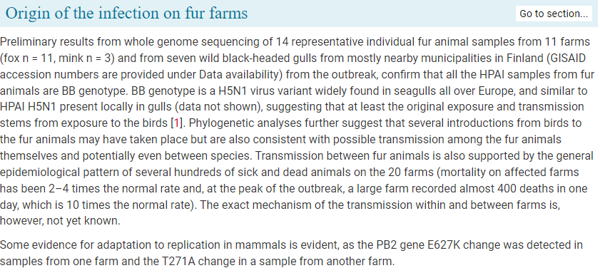 aivelo's tweet photo. Eurosurveillance article paints a bit different picture of the situation in Finnish fur farms than been communicated in public so far: potential signs of transmission between mammal species and "a large farm recorded almost 400 deaths in one day":
https://t.co/rROGMN8Ybl https://t.co/O00c7twzpf