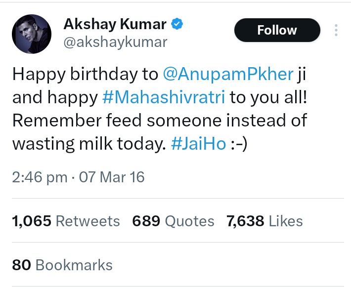 GemsOfBollywood's tweet photo. Akshay Kumar's appeal on the occasion of महाशिवरात्रि 2016 - Do not waste milk

Jab tak ... https://t.co/I9hUlsLXMl