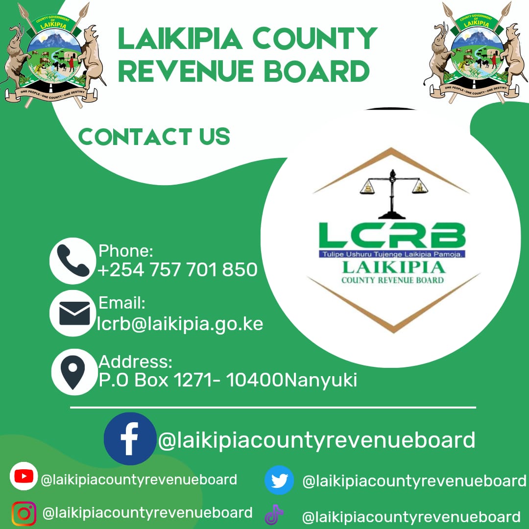 laikipia_lcrb's tweet photo. Good morning Taxpayers!
For any Queries kindly contact us through the information provided below or you can also interact with us on all our social media platforms. We value you as the taxpayers thus customer service is our number one priority! 
#TulipeUshuruTujengeLaikipia
#LCRB https://t.co/i2hL2DBOQp