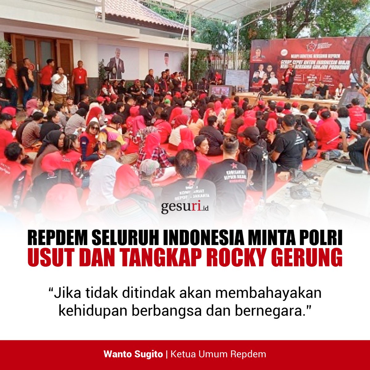 GesuriID's tweet photo. Relawan Perjuangan Demokrasi (REPDEM) organisasi sayap PDI Perjuangan meminta Kepolisian Republik Indonesia (Polri) agar mengusut dan menangkap Rocky Gerung yang menghina Presiden Jokowi dengan sebutan “Bajingan Tolol”.
#WantoSugito #REPDEM #pdiperjuangan #gesuriid https://t.co/Qrd3QtlUsX