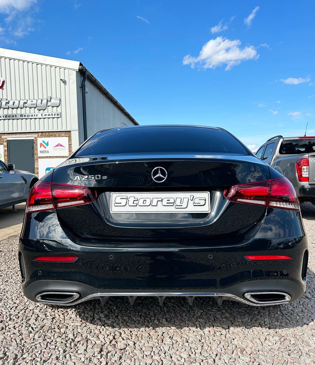 Heavy rear end repair completed on this lovely #Mercedes A250e hybrid!