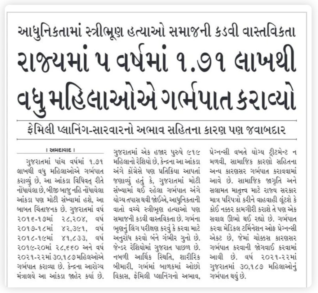 The state and central BJP governments need to address the alarming rise in abortion cases in Gujarat. Increased awareness and action are necessary. #Women #Abortion #Gujarat #GovernmentAction
@shaktisinhgohil @INCGujarat @INCIndia 
@BJPMahilaMorcha @sandeshnews