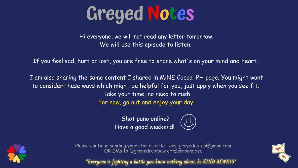 greyedrainbow's tweet image. We want to hear you. Join us and shot puno online tomorrow? Char! Have a good Friday everyone! 💕I’ll be watching LLL tomorrow, can we start late around 930pm? #greyednotes #inspiredbyfreenbecky #freenbecky #srchafreen #beckysangels