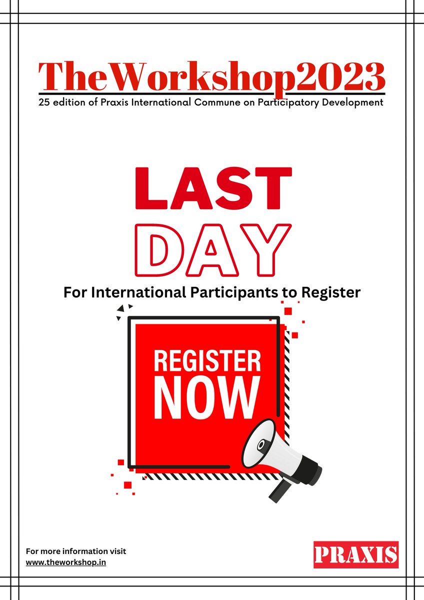 Last Day to Register for International Participants! Don't miss your final chance to join us at #TheWorkshop2023 in #Bengaluru from 9 to 13 October 2023. Register now and seize this incredible opportunity! theworkshop.in/about-1