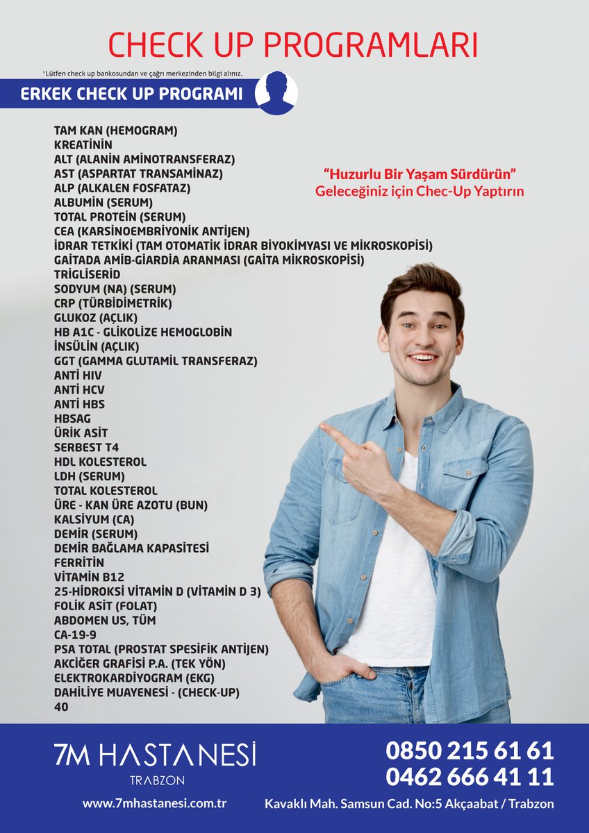 🩺 Check-up paketlerimizle sağlık taraması yaptırın, tedbiri elden bırakmayın.
 
Daha fazla bilgi ve randevu almak için,
 ☎ 0850 215 61 61
 ☎ 0462 666 41 11
 
 📍  Akçaabat / Trabzon
 🌐 7mhastanesi.com.tr
 
#checkup #sağlıktaraması #trabzon #akçaabat #7mhastanesi