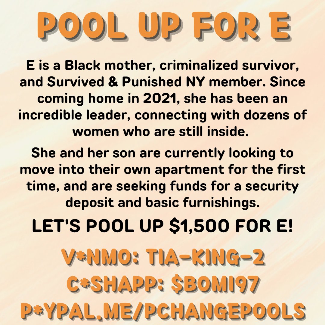 pc_pools's tweet photo. ✨ HAPPY POOL DAY Y'ALL ✨

We're pooling up for E, a Black mother and criminalized survivor living in New York. She and her son need $1500 for a security deposit and furnishings for their new apartment!!

💸💸
v*nmo: tia-king-2
c*sh*pp: $bomi97 
p*yp*l: pchangepools https://t.co/YruXwR80UO