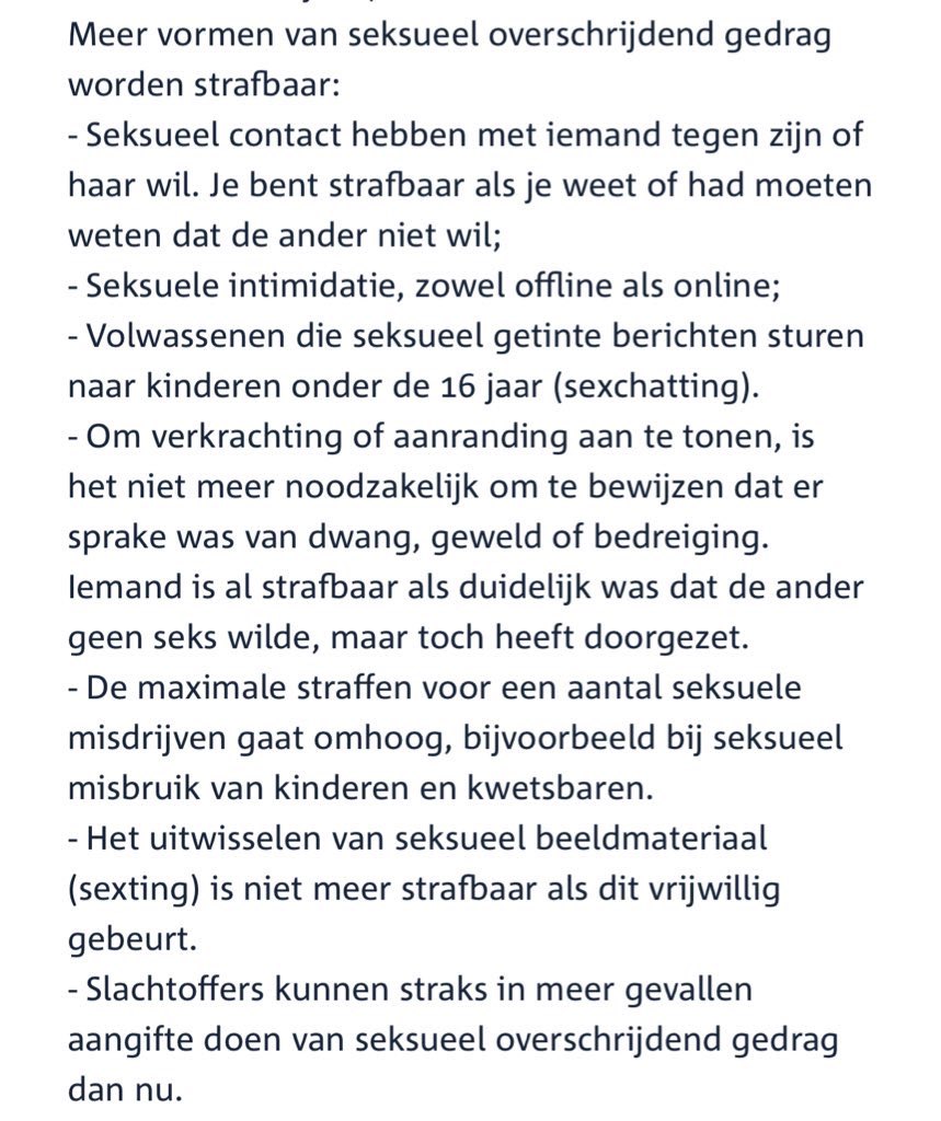 Jongens, om even alle verwarring tegen te gaan, dit is waar FvD dus tegen is. Niet slecht het gedeelte over berichten naar kinderen onder de 16 jaar!!!!!

FvD is tegen seks zonder consent strafbaar maken in het algemeen, belangrijke toevoeging.

Graag RT, samen tegen desinfo!! 👍🏼