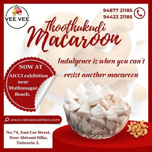 Thoothukudi macaroons is a local specialty or a specific variation of macaroons unique.
Contact us:94877 21185/94422 21185
veeveecashew.com
#macaroons #sweettreats #foodie #dessertlover #treatyourself #bakedgoods #nammathoothukudi #thoothukudi #thoothukudimacaroons #veevee