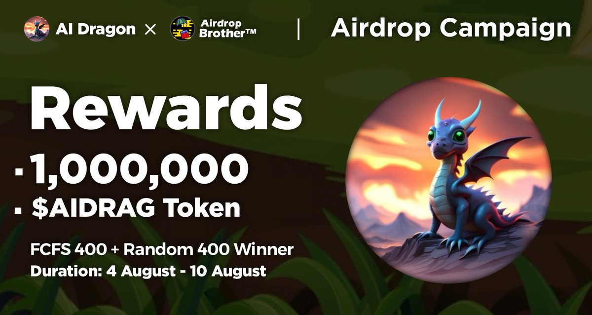 AirdropBrotherX's tweet photo. 🚀 Airdrop: AI Dragon
💰 Reward: 1,000 $AIDRAG
🏆 Winner: FCFS 400 + Random 400
📅 Airdrop end date: 10th August, 2023

🔗 Airdrop Link: https://t.co/LMKct1QZRd

🔘 Do the tasks on the bot &amp; submit your data

#Airdrop #Airdrops #Bitcoin #AIDragon #Giveaways #AirdropBrotherX #X https://t.co/vJvGni7siK