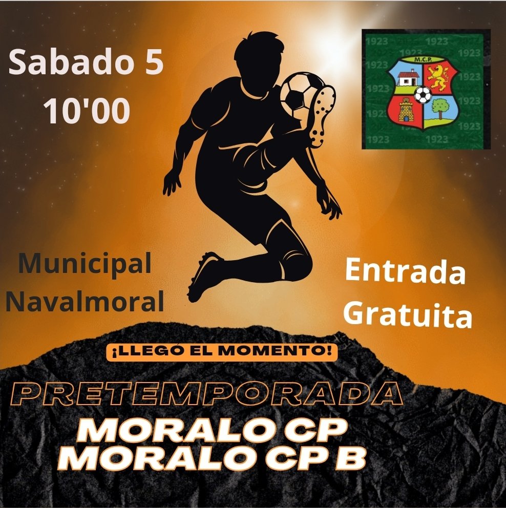 PARTIDO ENTRENAMIENTO A PUERTA ABIERTA DEL MORALO CP 
Este sábado 5 de agosto a partir de las 10'00 horas partido de entrenamiento entre el Moralo CP y el filial. La entrada es gratuita y podrás ver las nuevas incorporaciones del Club. Te esperamos en el Municipal.