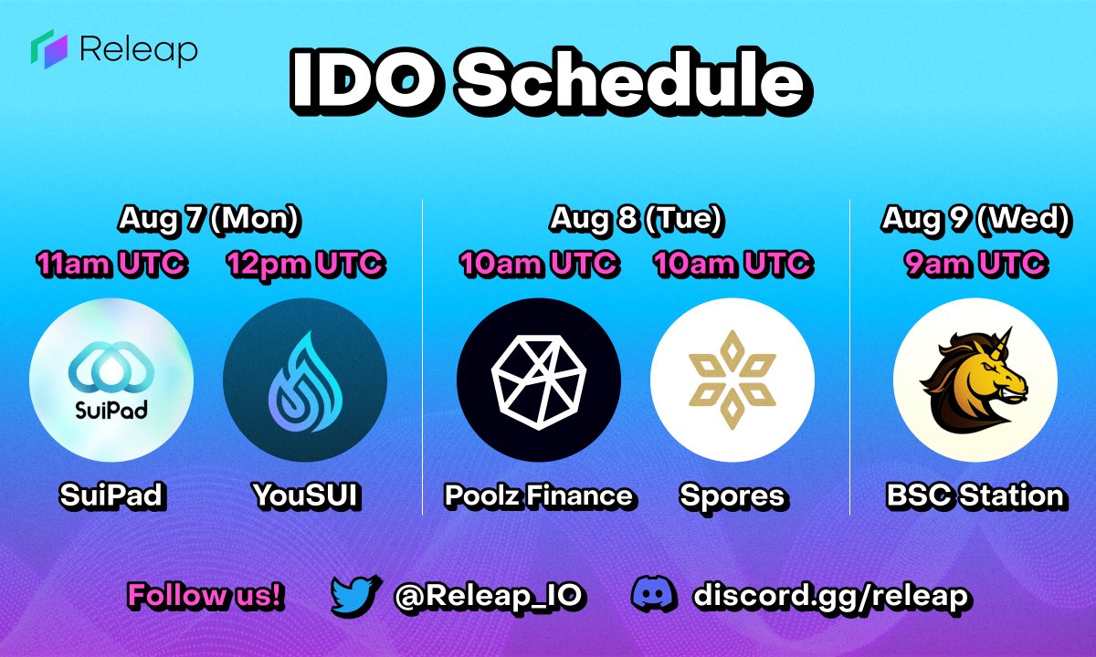 Releap_IO's tweet photo. Get ready for Releap's IDO on 5 Launchpads! 🚀🥳

📌 @SuiPadxyz Aug 7 (Mon) at 11am UTC 
📌 @YouSUI_Global Aug 7 (Mon) at 12pm UTC 
📌 @Poolz__  Aug 8 (Tue) at 10am UTC 
📌 @Spores_Network Aug 8 (Tue) at 10am UTC
📌 @bscstation Aug 9 (Wed) at 9am UTC

All the details you need to join the IDO 
👉 https://t.co/3j6YgzZd3e 👈

Mark your calendars because you don't want to miss this! 📅📌