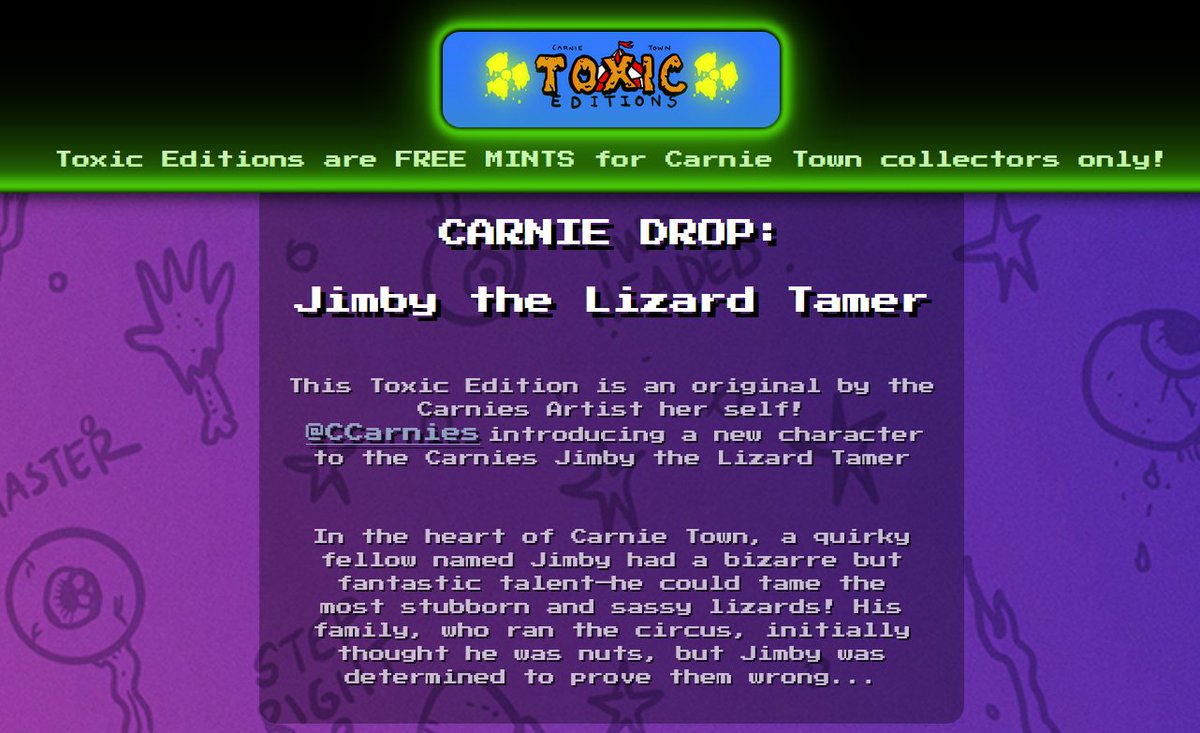MetaM00's tweet photo. Whew, almost missed my @CCarnies #ToxicEdition! 
"Jimby the Lizard Trainer" is safe in my carnival vault!
Only 6 left!? 👀❤️‍🔥🫡 #Jimby #CryptoCarnies https://t.co/VX4LjlQcnJ