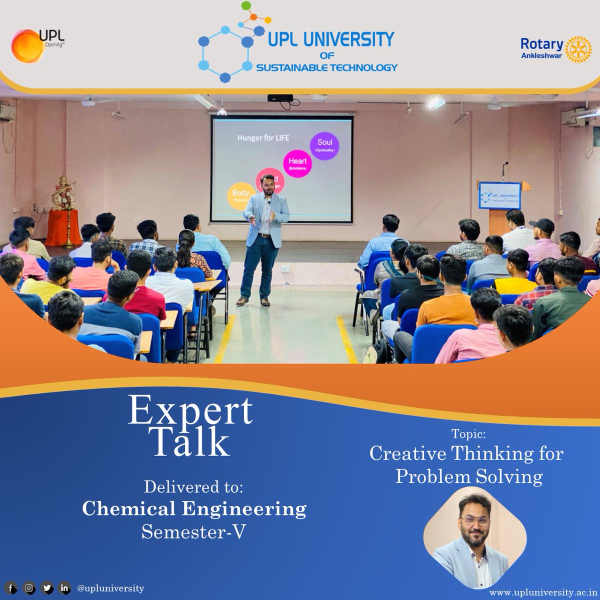 upluniversity's tweet image. Chemical Engineering, UPL University of Sustainable Technology organized an expert lecture on “Creative Thinking for Problem Solving” for BE Chemical Engg(Sem. 5) by Dr. Yash Chawla, Assistant Professor, Wrocław University of Science and Technology, Poland.