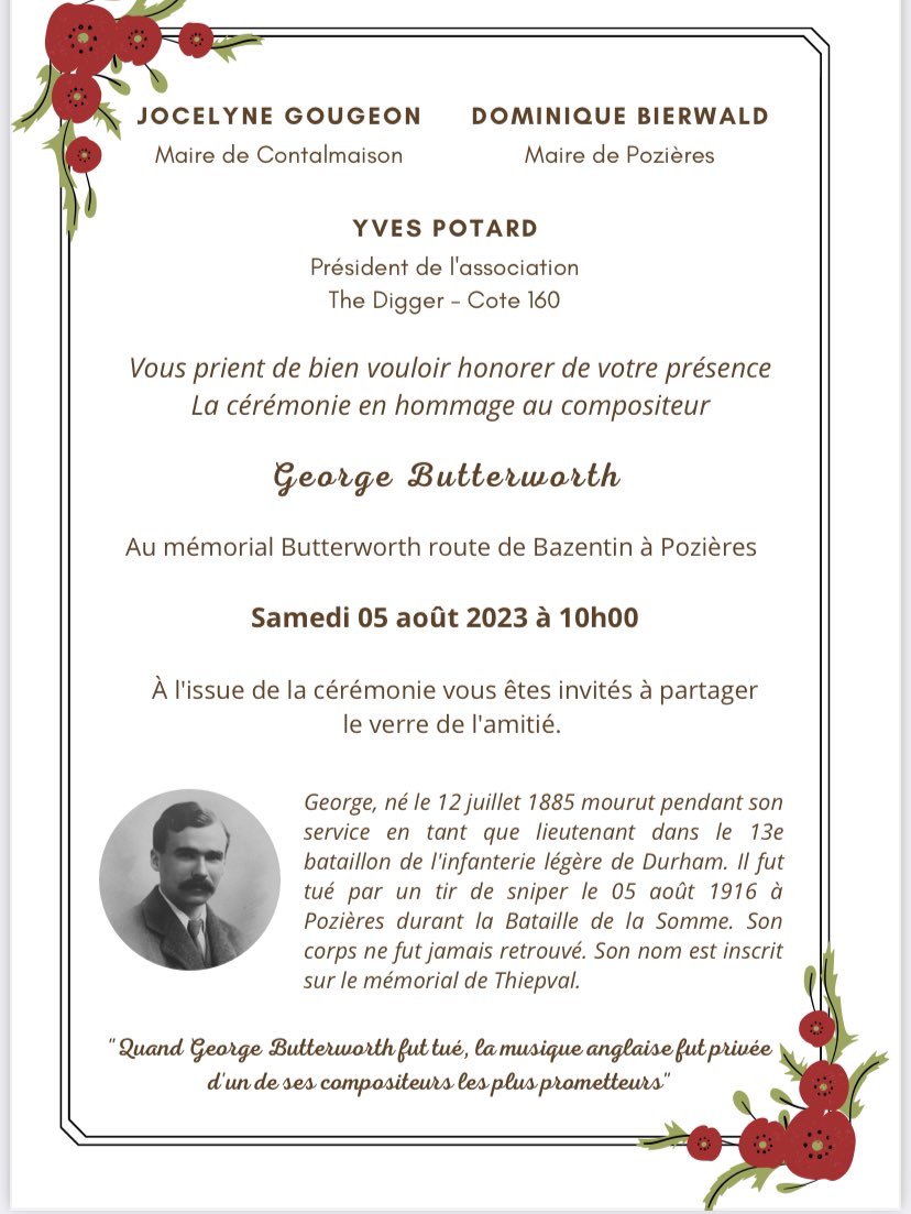 Tomorrow 5th August 2023 at 10h00 there will be a service to commemorate the composer George Butterworth at the memorial to him in Pozieres. Anyone in the area is welcome to attend. He died on 5 August 1916. The service will include some of his music. #butterworth #dli #pozieres