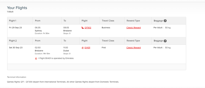Over 80 Qantas reward first and business-class seats to Dubai / Europe from Brisbane &amp; return. Connections are available from/to Sydney &amp; Melbourne (use multi-city booking tool or call the booking line) Full date list is on our site thefreqflyer.com
