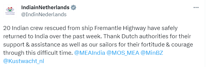 ians_india's tweet photo. A group of 20 Indian crew members, onboard a cargo ship off the #Dutchcoast that had caught fire last week, has been successfully rescued and returned home. https://t.co/t08FvqyQlf