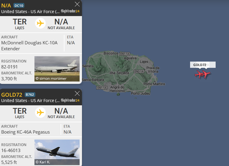 SirListenalot's tweet photo. 0550z #KC10 #AE0210 as #GOLD61 and #KC46 #AE5BBE as #GOLD72 (together as "Gold61 flight") airborne from Lajes with six "OK" #F16's as #TABOR11. GOLD72 will leave the formation at ELKEM and proceed to Rota https://t.co/gP2CcnlfRc