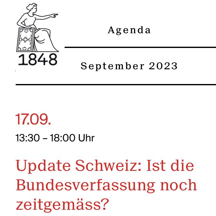 Jetzt in der 🇨🇭Jubiläums-Agenda: 17.09.23 Update Schweiz: Ist die Bundesverfassung noch zeitgemäss? 👉🏼 Anmelden lohnt sich: 200 von 250 Tickets sind schon weg 😉 1848-parl.ch/de/agenda/ #UpdateSchweiz