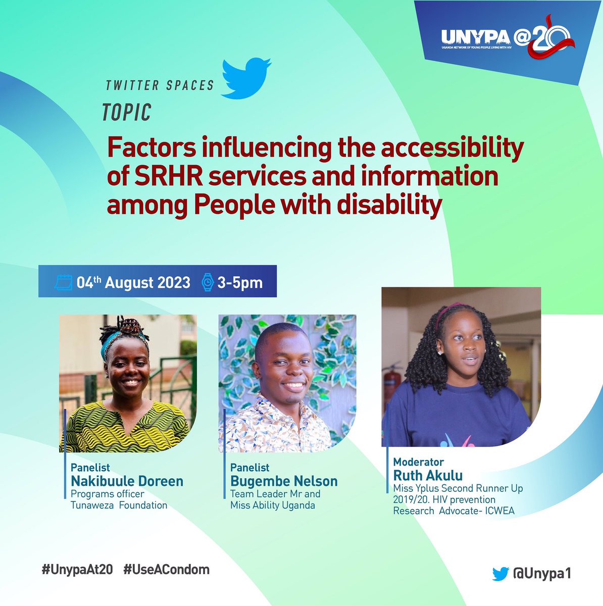 I will be joining collages in the space of advocacy to discuss the factors affecting the accessibility of SRHR services and information among people with disabilities.

The discussion will start at exactly 3pm-5pm hosted by @UNYPA1 
#UnypaAt20 #EmpoweringUniqueAbilities