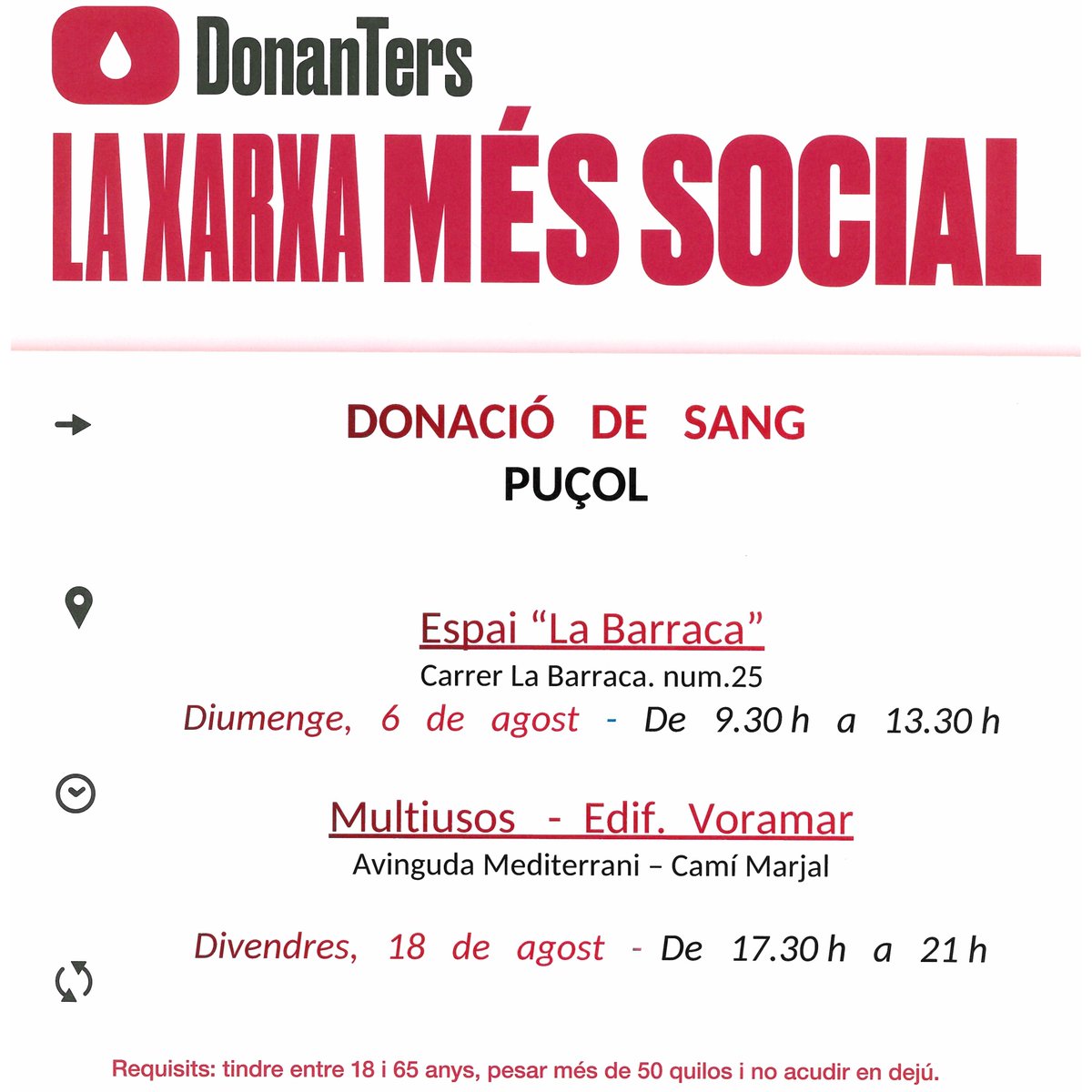 GVA Dona Sang (@gvadonasang) on Twitter photo Dona sang a #Puçol
📅diumenge #6Agost 
La vida de molts malalts depén de transfusions de sang periòdiques. A l'#estiu també et necessiten.
 #DonaSang #ComparteixVida Dona sang a #Puçol
📅diumenge #6Agost 
La vida de molts malalts depén de transfusions de sang periòdiques. A l'#estiu també et necessiten.
 #DonaSang #ComparteixVida