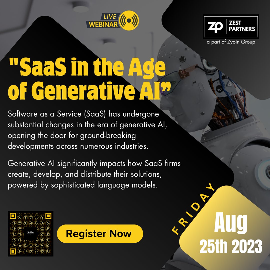 zest_partners's tweet photo. AI is not the future anymore. It is the present!
Upskill your AI game and get ahead. 
Join our webinar, where industry experts discuss "SaaS in the Age of Generative AI.”

When?
Date: 25 August 2023
Time: 4:00 pm to 5:15 pm

Sign Up Today
https://t.co/BePzZuyfnZ 
#GenerativeAI https://t.co/zhNK4i3aDI