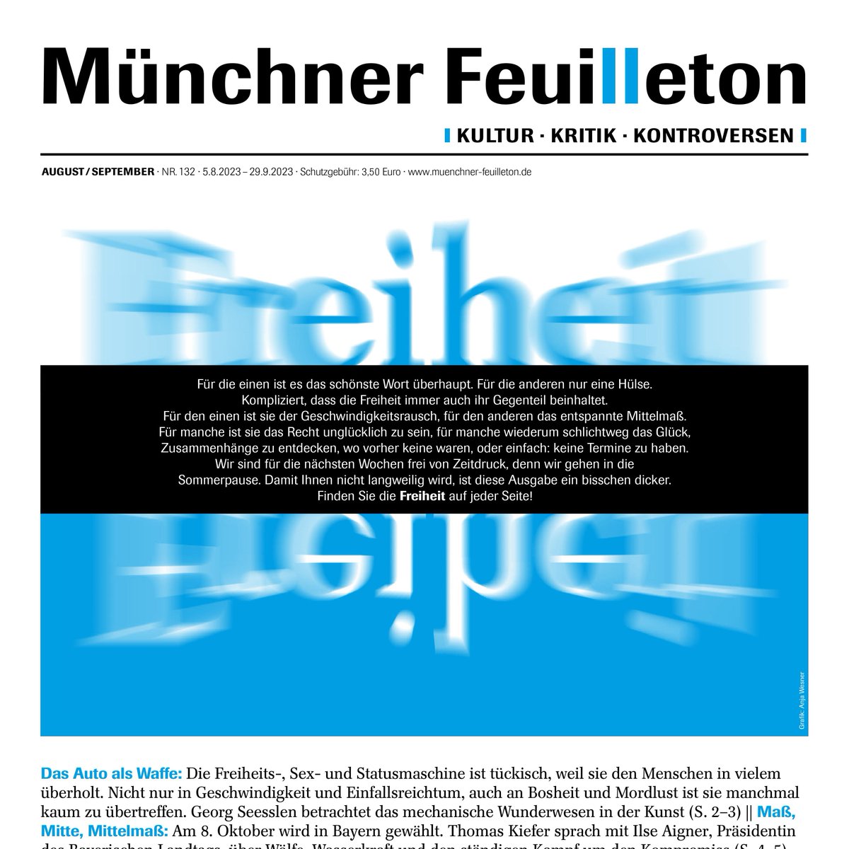 Nehmt euch die Freiheit und nehmt unsere 132. Ausgabe mit in die #Ferien! 🥰 Ab morgen digital im Online-Kiosk und mit einem Abo immer pünktlich im Briefkasten. Viel Spaß beim Entdecken! muenchner-feuilleton.de