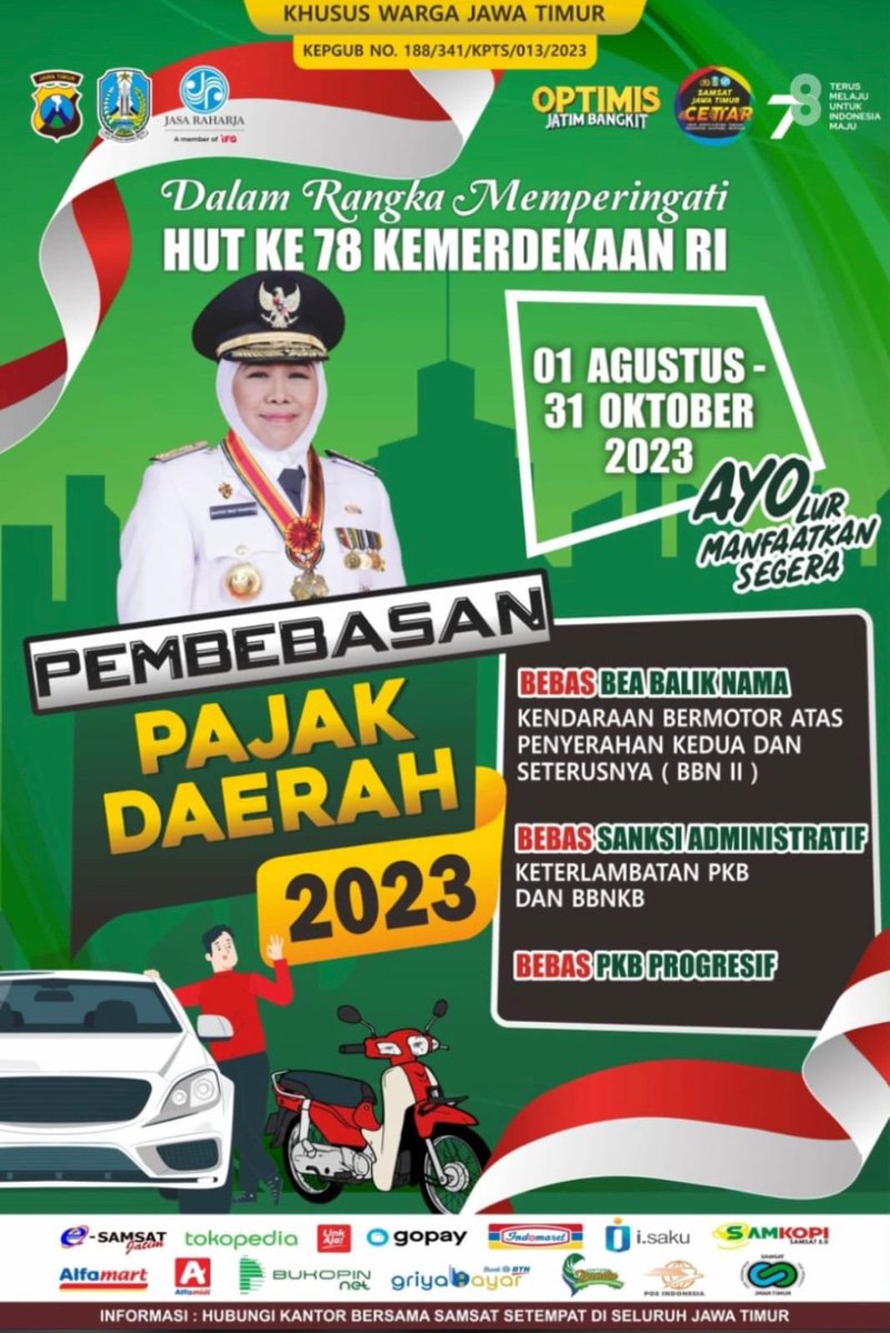 Pemprov jawa timur berbagi insentif (pemutihan pajak) untuk masyarakat jawa timur, dalam rangka HUT kemerdekaan RI ke-78.
Tunggu apalagi, ayo segera bayar pajak kendaraan di samsat terdekat !