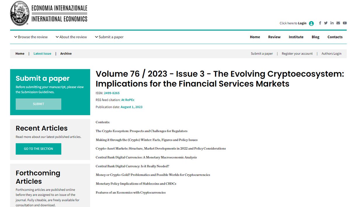 Volume 76 / 2023 - Issue 3 - The Evolving Cryptoecosystem: Implications for the Financial Services Markets iei1946.it/issue/57/76-is… do not miss it! @redale964 @ElenaSeghezza @gecamcom @repec_org @francobruni7 @gally10