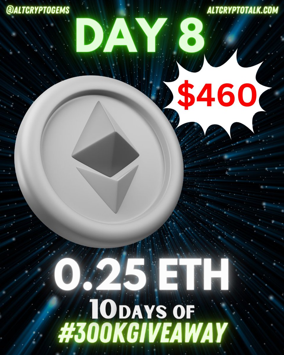 Day 8 of the #300KGiveaway! 🎁

Giving away: ⭐️1 x 0.25 #ETH ⭐️worth $460!

Steps to join:
✔️Tag a friend, Retweet &amp; Like!
✔️Fill the Google Form (only once): forms.gle/KFVAH9NeMAfHLF…
✔️Follow <a href="/AltCryptoGems/">Sjuul | AltCryptoGems</a>.

Good luck!