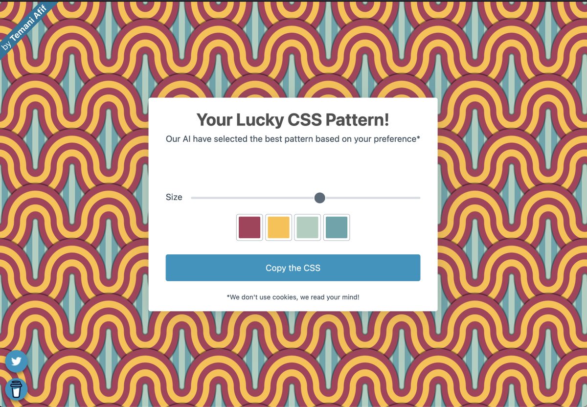Fun random CSS patterns: random.css-pattern.com 
Refresh to get a new one!
#CSS