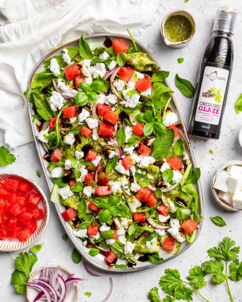 Top tip to spice up any salad: add FRUIT🍉 Especially in summer, when so many fruits are in season & eating the rainbow is even more fun 🌈 This Watermelon & Vegan Feta salad with our Organic Balsamic Glaze is perfect to help you fall back in love with salads. #YummyNakedGoodness
