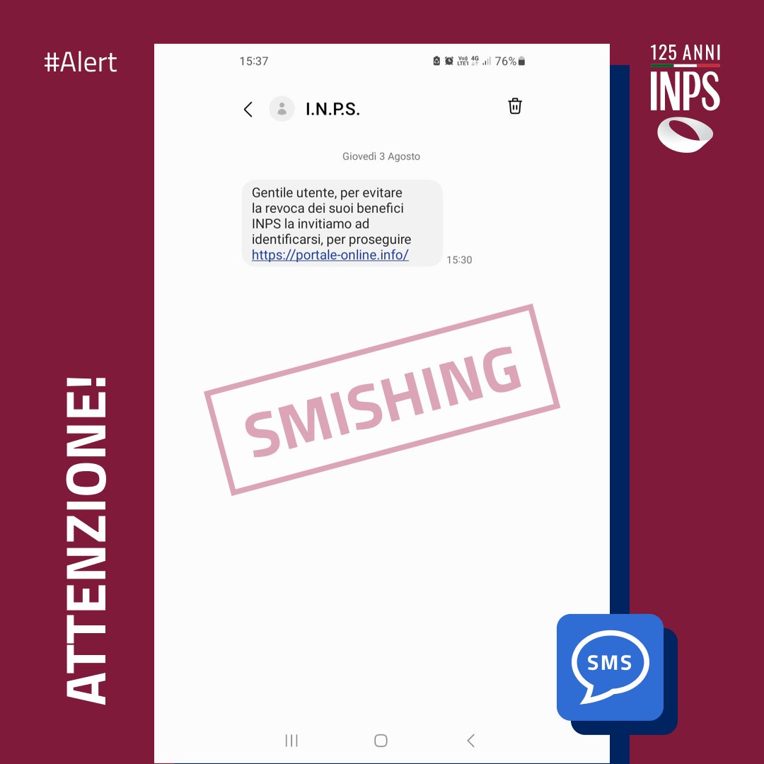 ⚠️ Attenzione! Sono in corso nuovi tentativi di #truffa via #SMS! Non cliccate sul link e non fornite nessun dato!
#InpsComunica #Alert #AttentialleTruffe #VerificaLaFonte #Smishing