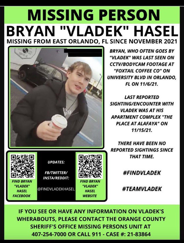 #MISSING #BryanVladekHasel #EastOrlando #Florida 
#FindVladek #TeamVladek 
Please help to spread the word. Any tip or lead could help bring Vladek home to his loving family. 🙏🏼🙏🏼