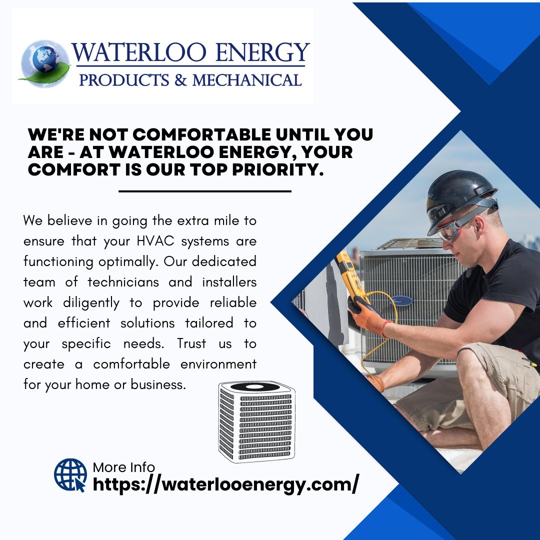 WaterlooEnergy's tweet photo. We're Not Comfortable Until You Are - At Waterloo Energy, your comfort is our top priority. We believe in going the extra mile to ensure that your HVAC systems are functioning optimally. Our dedicated team of technicians works diligently to provide reliable solutions. https://t.co/0MErMrRFJY