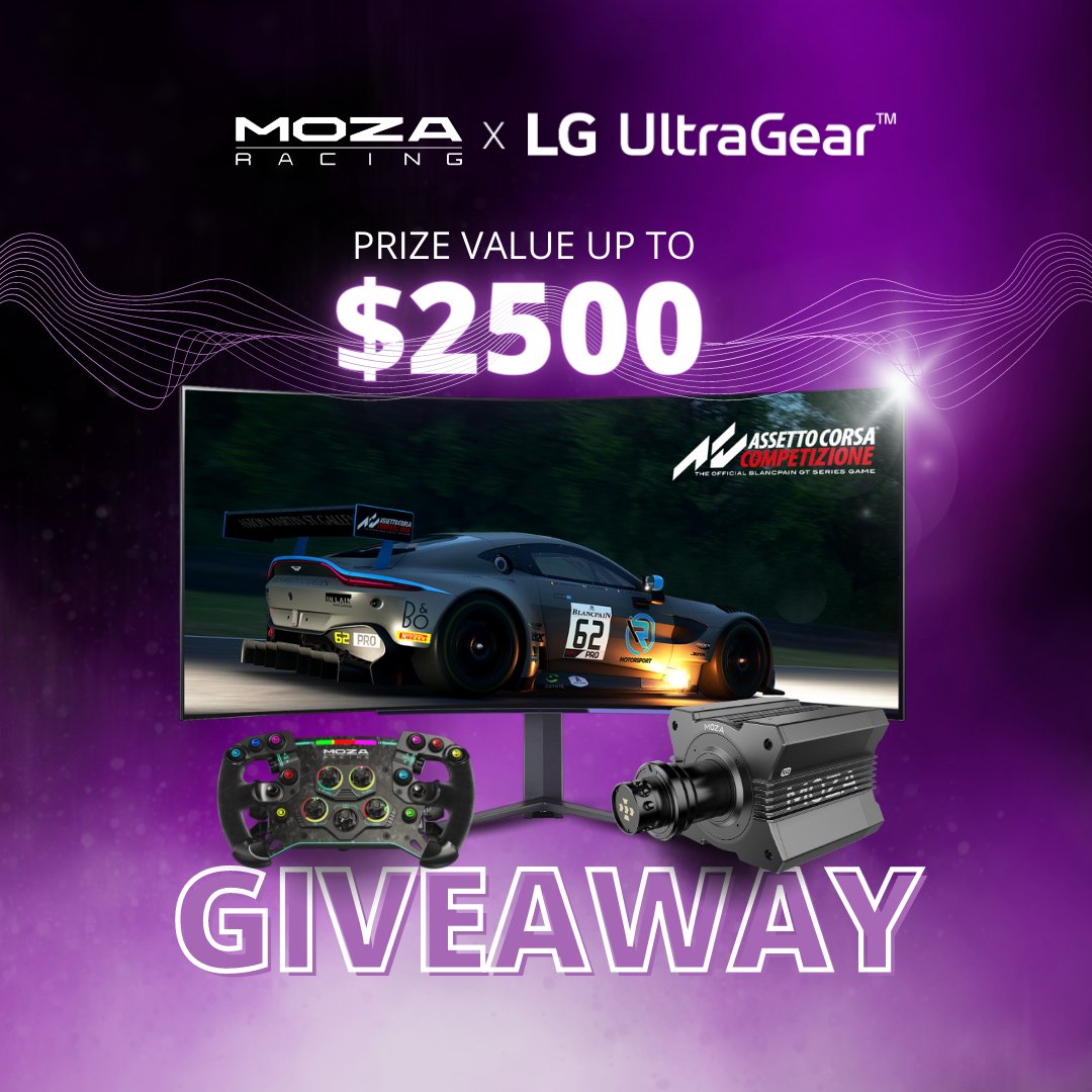 moza_racing's tweet photo. #GIVEAWAY TIME!!!

Let’s add some excitement to your Friday with our $2500 Prize Package Giveaway! Three lucky winners will have the chance to score big！

Prizes Up for Grabs:

- @UltraGearGaming LG UltraGear 45’’ Curved OLED Gaming Monitor
- MOZA R12 DD Wheel Base
- MOZA GS GT Wheel ( with Alcantara grips) 

To enter:
- Like this tweet
- Share this tweet to spread the excitement!
- Follow our socials via the link: https://t.co/xMyWQ8AUx0
- Tag a gaming buddy who's always up for epic adventures!
- Bonus Entry: Describe your ultimate gaming setup in the comments below!

#mozaracing #LG #LGUltraGear #giveaway #mozar12 #mozags