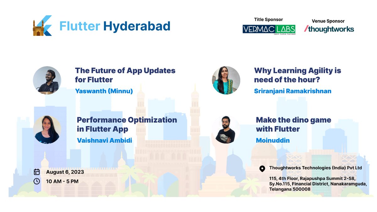 Flutter Hyderabad (@flutter_hyd) on Twitter photo Hola Flutter Fam,
These are our rockstar speakers for the coming Flutter event collaborated with <a href="/wtm_hyd/">WTM Hyderabad</a>. We've got amazing sponsors this time. Title sponsor <a href="/Vermaclabs1/">Vermaclabs</a> and Venue sponsor <a href="/thoughtworks/">Thoughtworks</a>
<a href="/nlycskn/">Nilay Coskun</a> <a href="/anelvro/">Anel Rodríguez</a> <a href="/Nikkitagandhi/">Nikita Gandhi</a> <a href="/VolkertTodd/">Todd Volkert</a> Hola Flutter Fam,
These are our rockstar speakers for the coming Flutter event collaborated with <a href="/wtm_hyd/">WTM Hyderabad</a>. We've got amazing sponsors this time. Title sponsor <a href="/Vermaclabs1/">Vermaclabs</a> and Venue sponsor <a href="/thoughtworks/">Thoughtworks</a>
<a href="/nlycskn/">Nilay Coskun</a> <a href="/anelvro/">Anel Rodríguez</a> <a href="/Nikkitagandhi/">Nikita Gandhi</a> <a href="/VolkertTodd/">Todd Volkert</a>