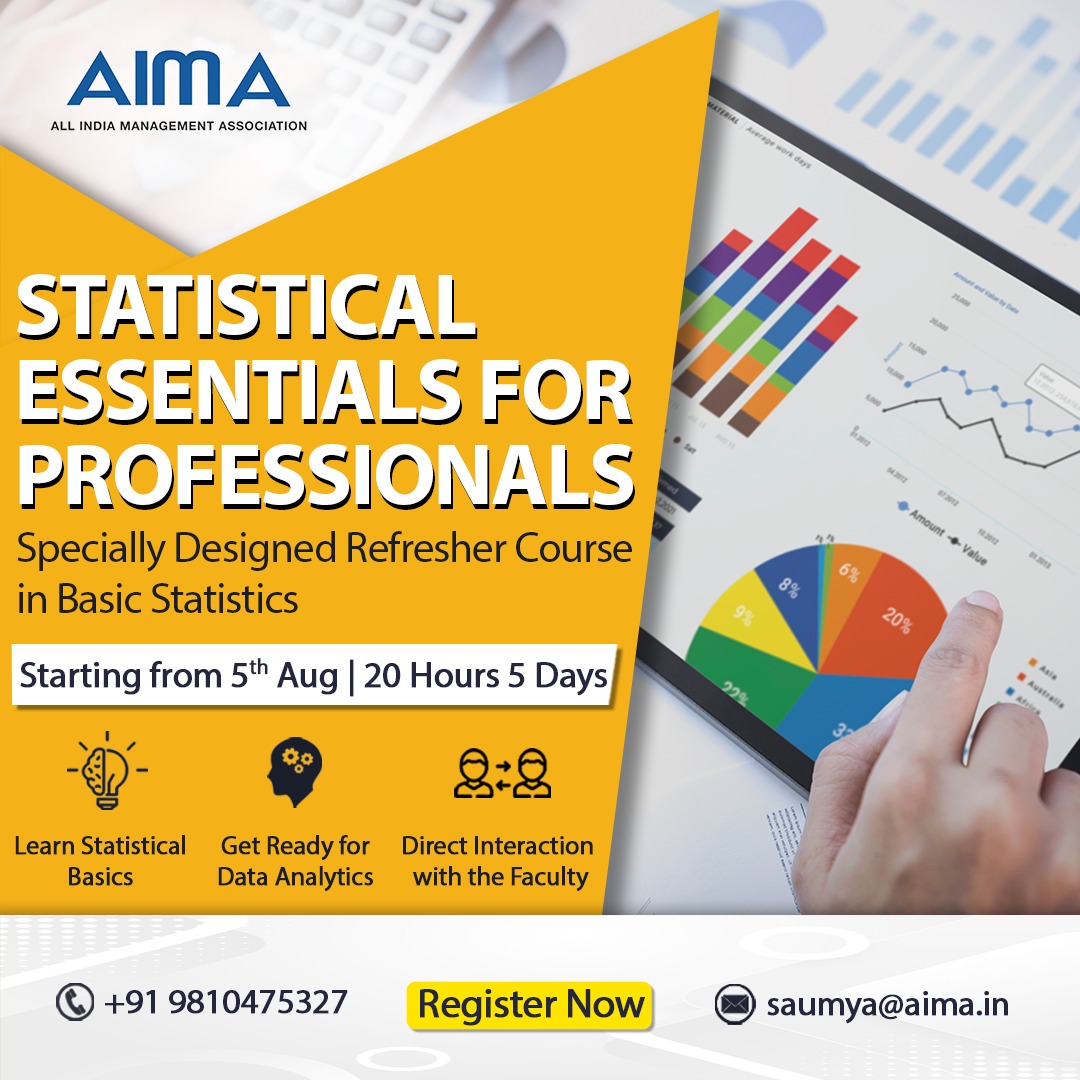 aimaindia's tweet photo. AIMA's ‘Statistical Essentials For Professionals Training’, is aimed at refreshing participants with basic concepts in central tendency, variation, probability, correlation &amp; regression and hypothesis testing. 
 
Register- saumya@aima.in 
 
#AIMATraining #Statistics #DataAnalysis https://t.co/PS8xpcaEZN