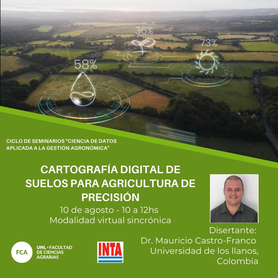 Webinar sobre 'Cartografía digital de Suelos para Agricultura de Precisión' a cargo de Dr. Mauricio Castro-Franco (Univ. de los Llanos) Inscripcion gratuita: forms.gle/ssQwMordLSWxWZ… Ciclo 'Ciencia de Datos aplicados a la Gestión Agronómica' organizado por @FcaUnl @INTABalcarce